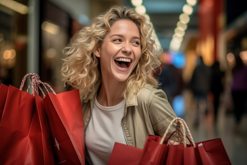 A woman is happy and smiling at the mall while carrying shopping bags