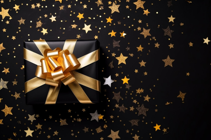 A photo of a flat lay of a black friday sale with a stylish gift box present and ribbon with gold star glitter on a black background