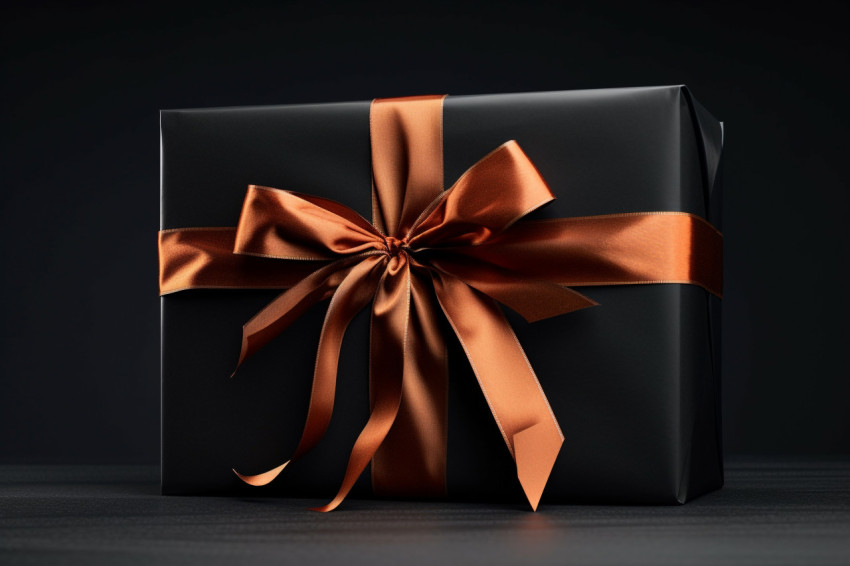 Black gift box with black ribbon on a dark surface