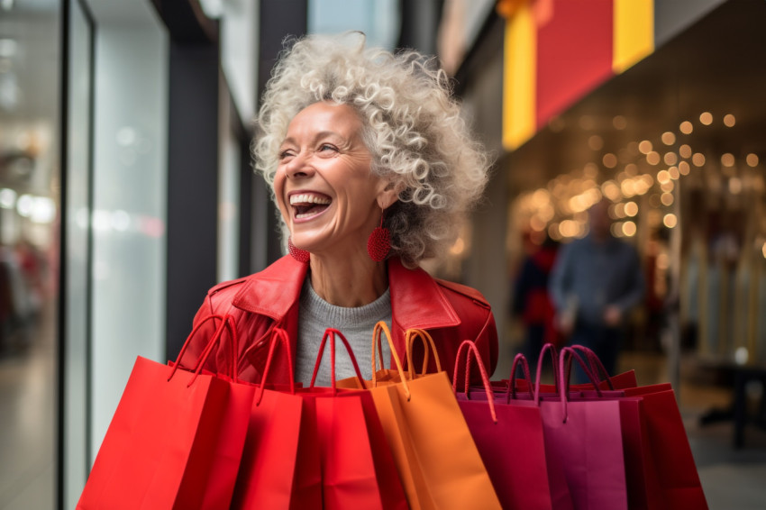 A woman is happy and smiling at the mall while carrying shopping bags