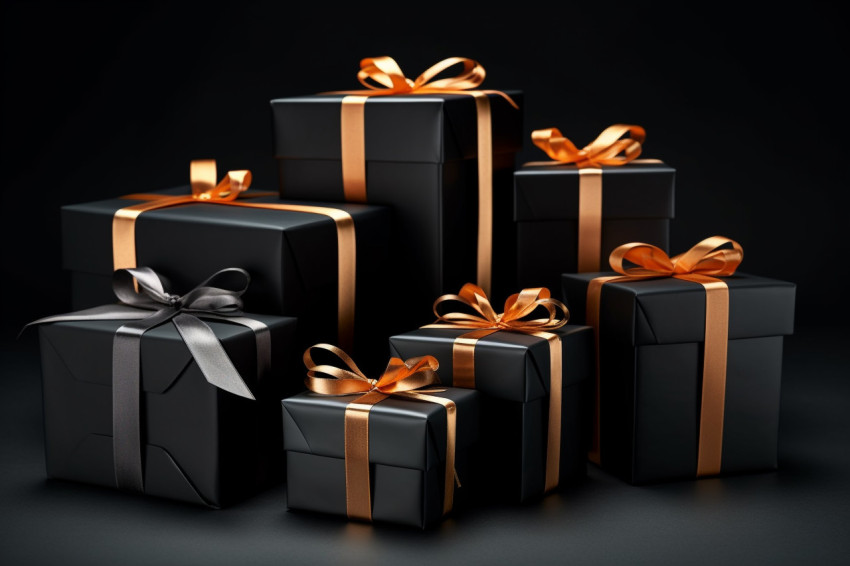 Black gift boxes with black ribbons are arranged on a black background