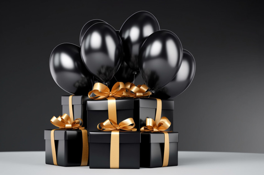 A group of black balloons is tied together and placed next to a gift box on a gray background