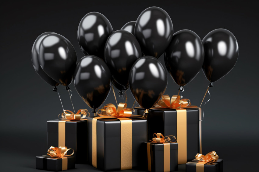 A group of black balloons is tied together and placed next to a gift box on a gray background