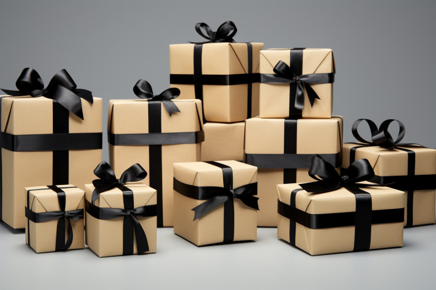 Black ribboned cardboard gift boxes on a gray background