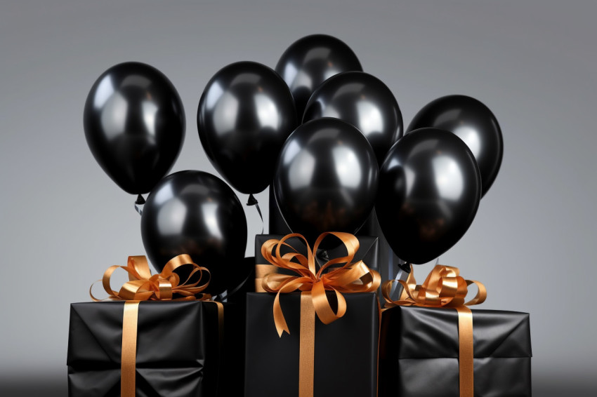 A group of black balloons is tied together and placed next to a gift box on a gray background