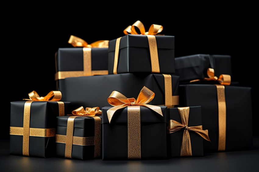 Black gift boxes with black ribbons are arranged on a black background