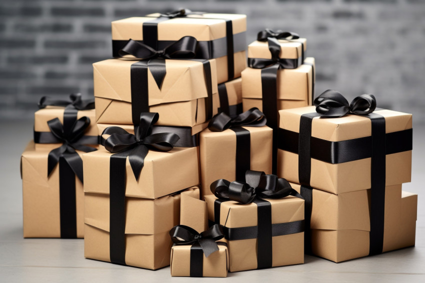 Black ribboned cardboard gift boxes on a gray background