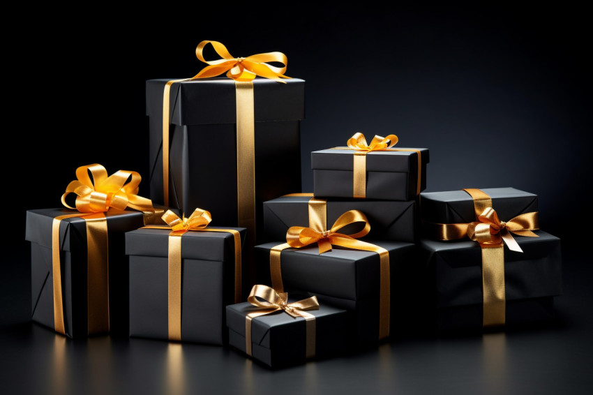 Black gift boxes with black ribbons are arranged on a black background