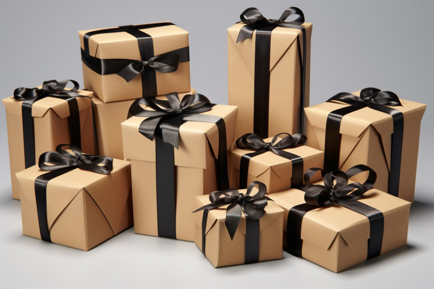 Black ribboned cardboard gift boxes on a gray background