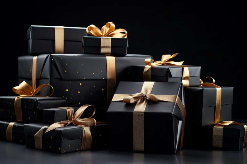 Black gift boxes with black ribbons are arranged on a black background