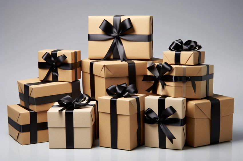 Black ribboned cardboard gift boxes on a gray background