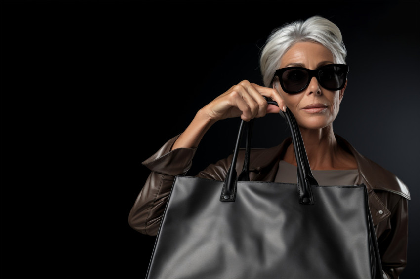 Woman with grey bag on black background on black friday