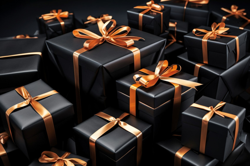 Black friday is a shopping day when stores sell gifts in black boxes with ribbons