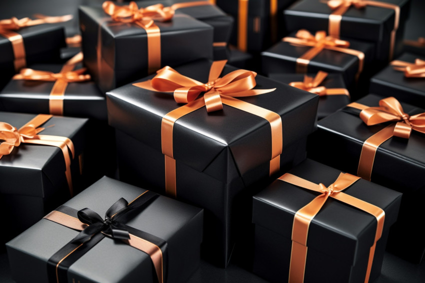 Black friday is a shopping day when stores sell gifts in black boxes with ribbons