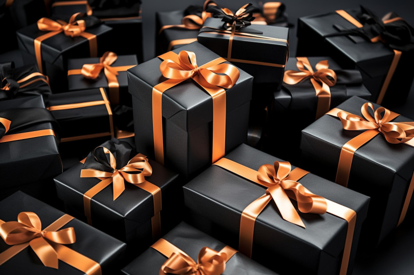 Black friday is a shopping day when stores sell gifts in black boxes with ribbons