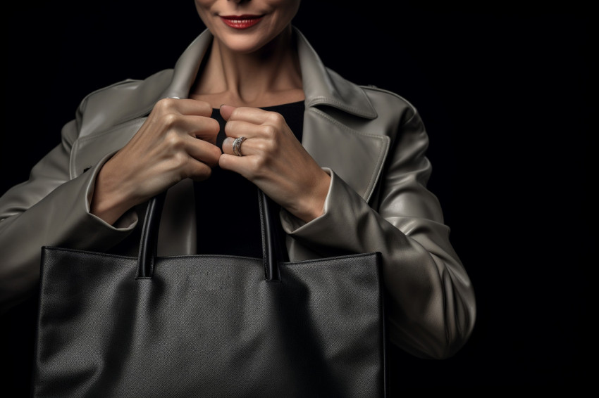 Woman with grey bag on black background on black friday