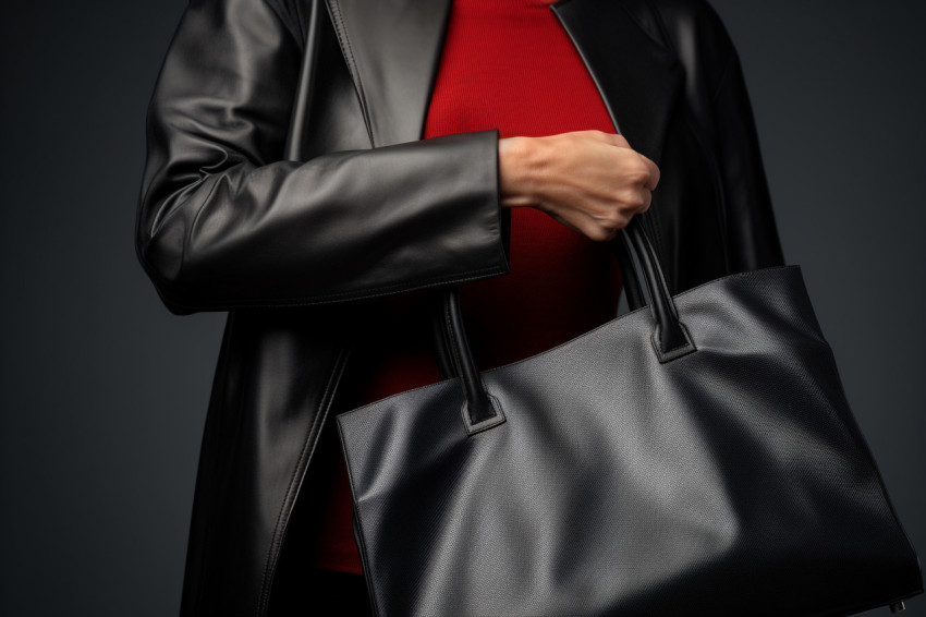 Woman with grey bag on black background on black friday