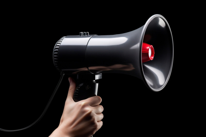 A hand gripping a black megaphone