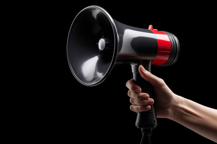 A hand gripping a black megaphone