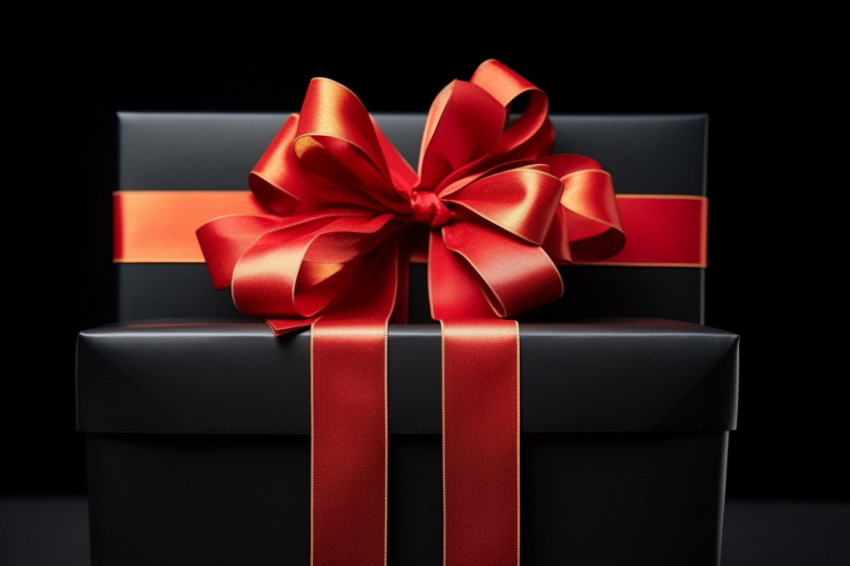 A black gift box with a red bow ribbon sits in a shopping cart photographed in a black studio