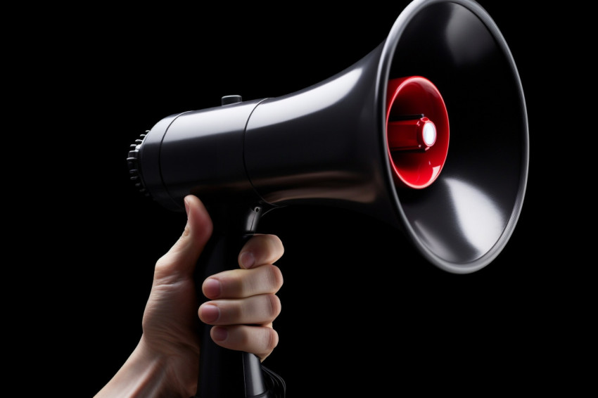 A hand gripping a black megaphone