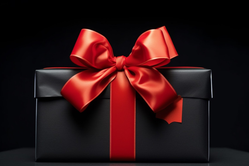 A black gift box with a red bow ribbon sits in a shopping cart photographed in a black studio