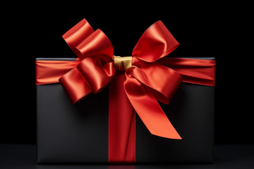 A black gift box with a red bow ribbon sits in a shopping cart photographed in a black studio