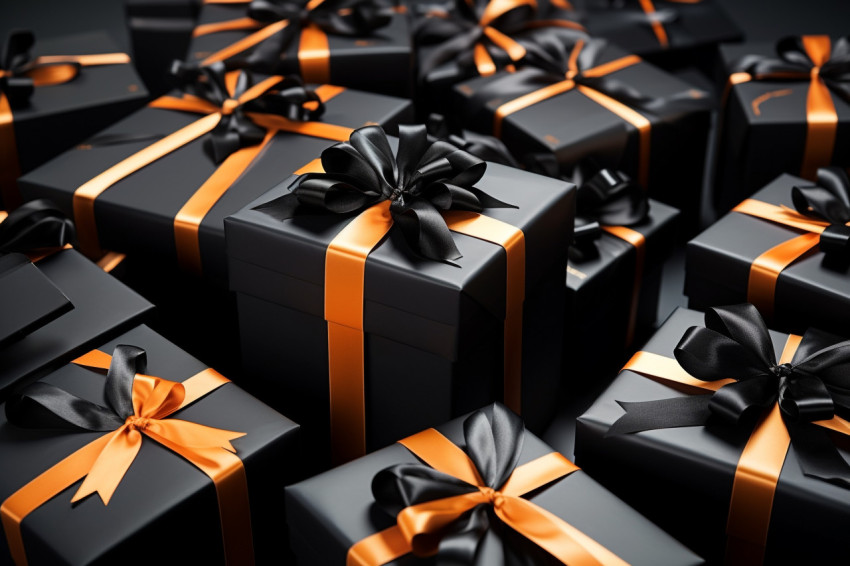 Black friday is a shopping day when stores sell gifts in black boxes with ribbons