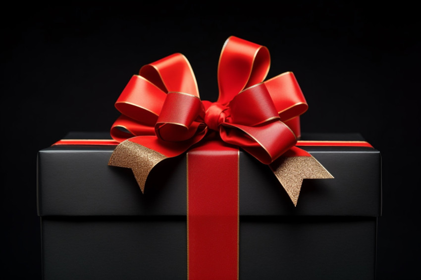 A black gift box with a red bow ribbon sits in a shopping cart photographed in a black studio