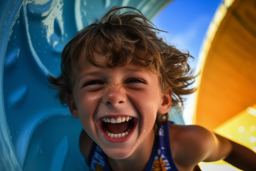 A photo of a happy boy sliding down a water slide at a water park