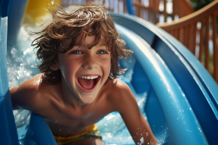 A photo of a happy boy sliding down a water slide at a water park