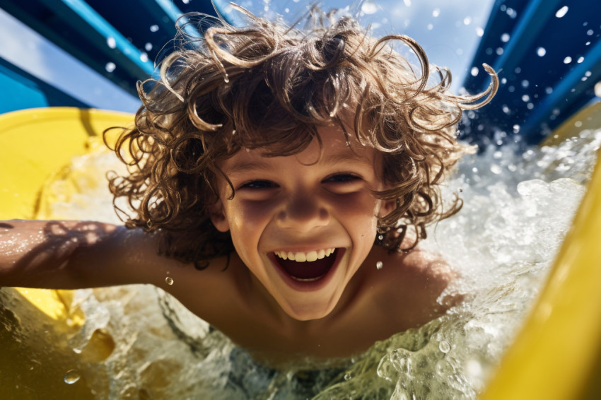 A photo of a happy boy sliding down a water slide at a water park