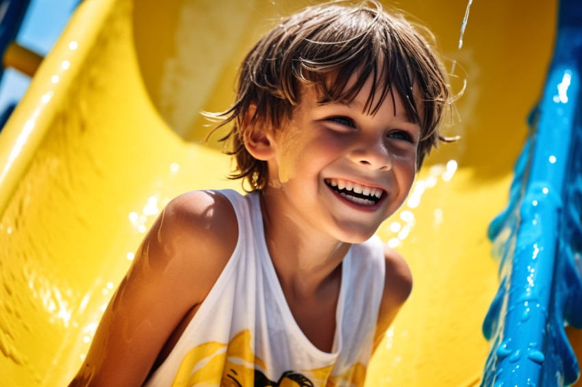 A photo of a happy boy sliding down a water slide at a water park