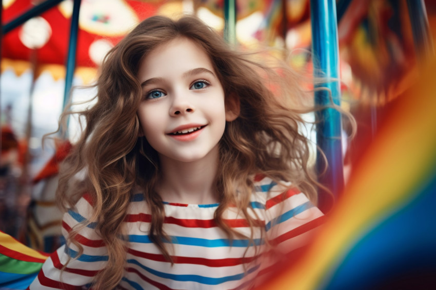 A picture of a cute girl in a long striped dress having fun at a festival in an amusement park