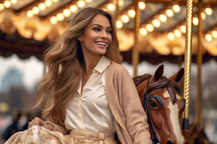 Photo of a woman in a beige coat walking in cloudy Moscow in autumn enjoying herself on a carousel