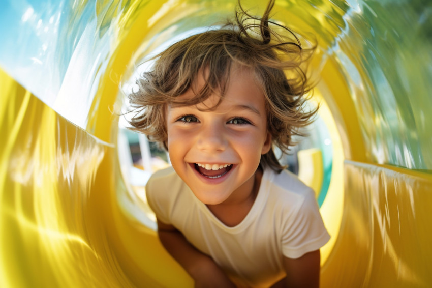 A picture of a happy child sliding down a bright yellow tunnel slide into a pool of clear blue water making big splashes