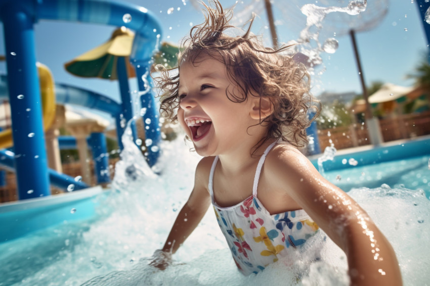 Photo of a happy toddler girl playing in a swimming pool fountain on a summer family vacation