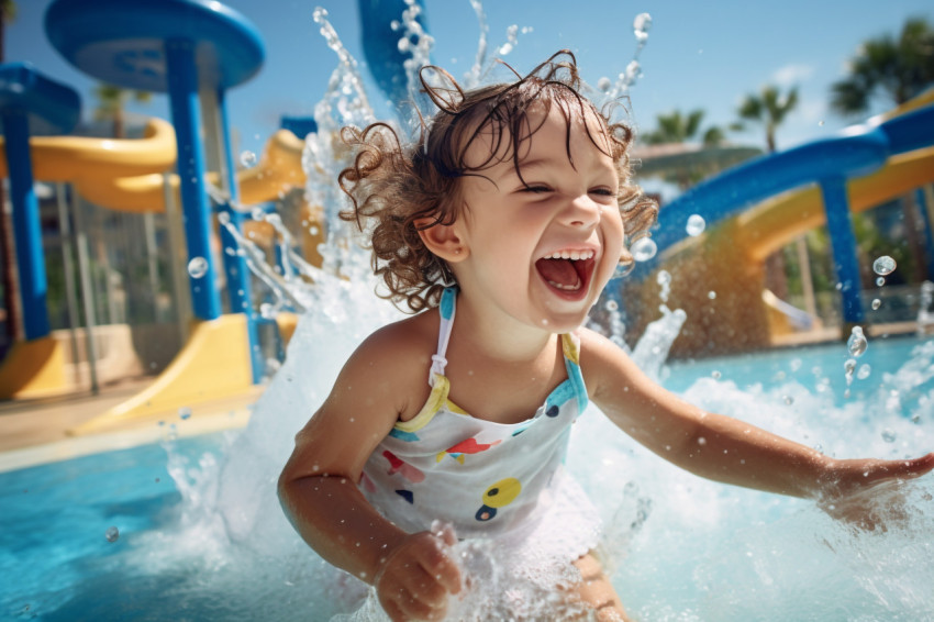 Photo of a happy toddler girl playing in a swimming pool fountain on a summer family vacation