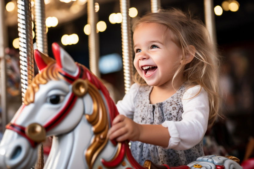 A picture of a cute little girl riding a carousel horse