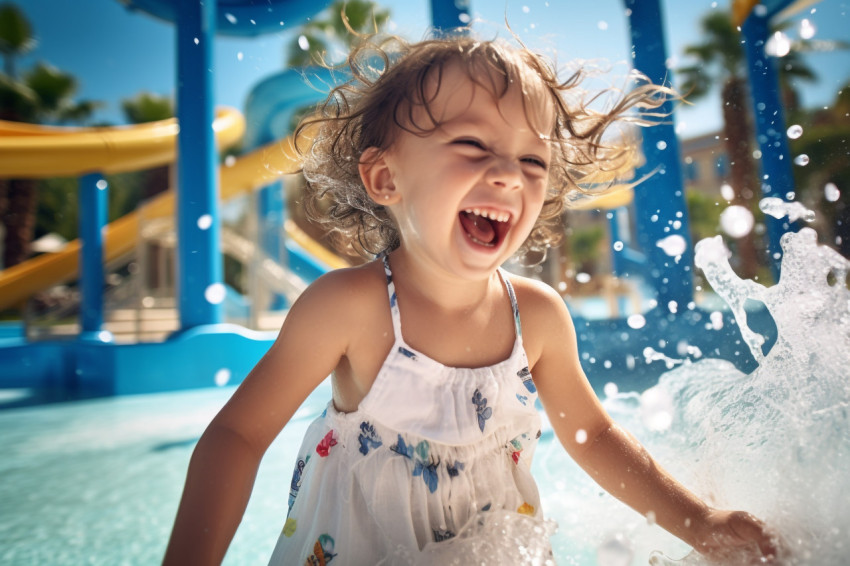 Photo of a happy toddler girl playing in a swimming pool fountain on a summer family vacation