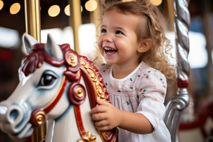 A picture of a cute little girl riding a carousel horse