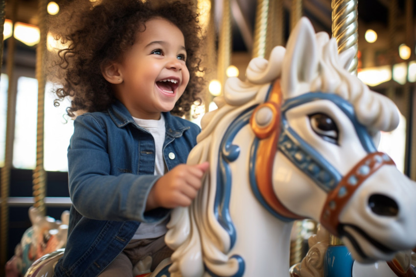 A picture of a cute little girl riding a carousel horse