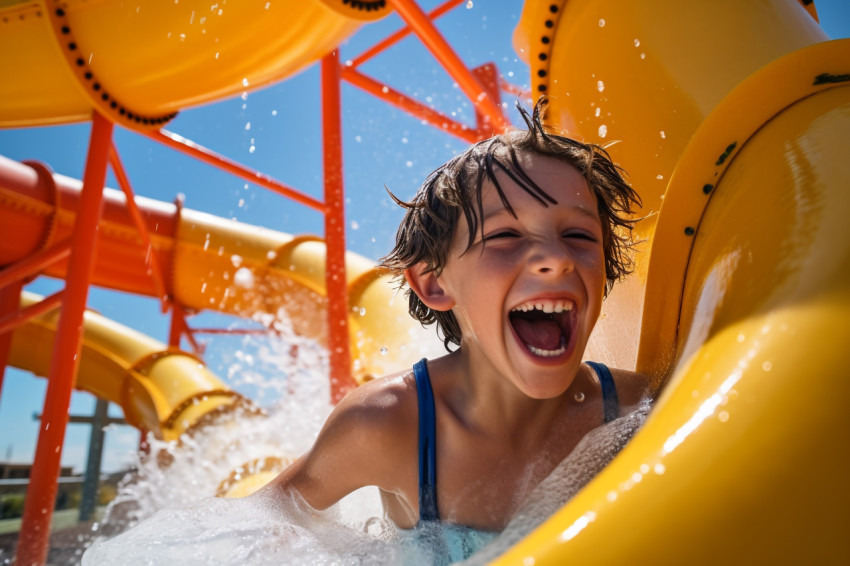 A picture of a happy boy having fun on a water slide at a water park