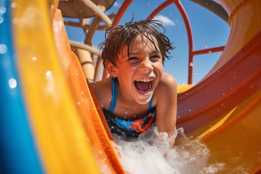 A picture of a happy boy having fun on a water slide at a water park