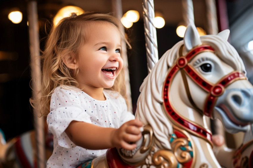 A picture of a cute little girl riding a carousel horse