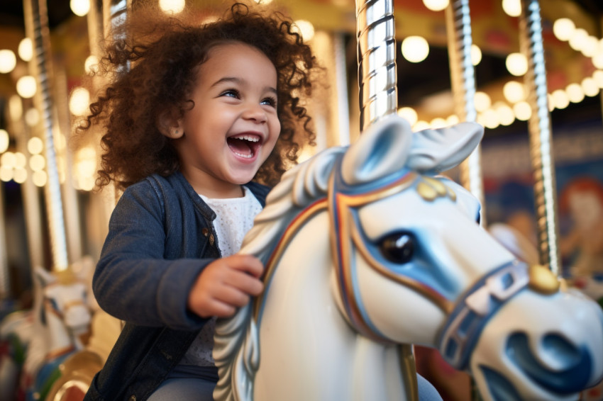 A picture of a cute little girl riding a carousel horse