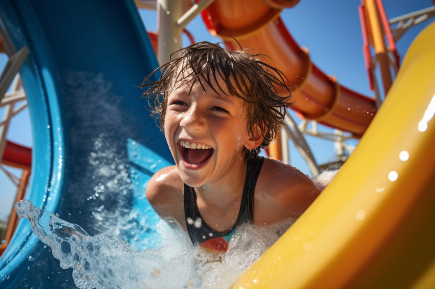 A picture of a happy boy having fun on a water slide at a water park