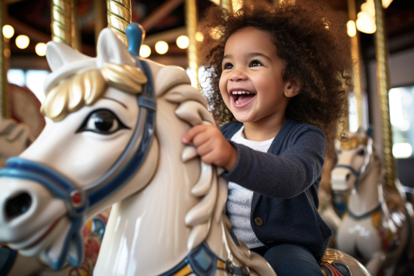 A picture of a cute little girl riding a carousel horse