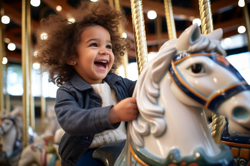 A picture of a cute little girl riding a carousel horse