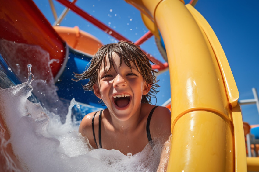 A picture of a happy boy having fun on a water slide at a water park